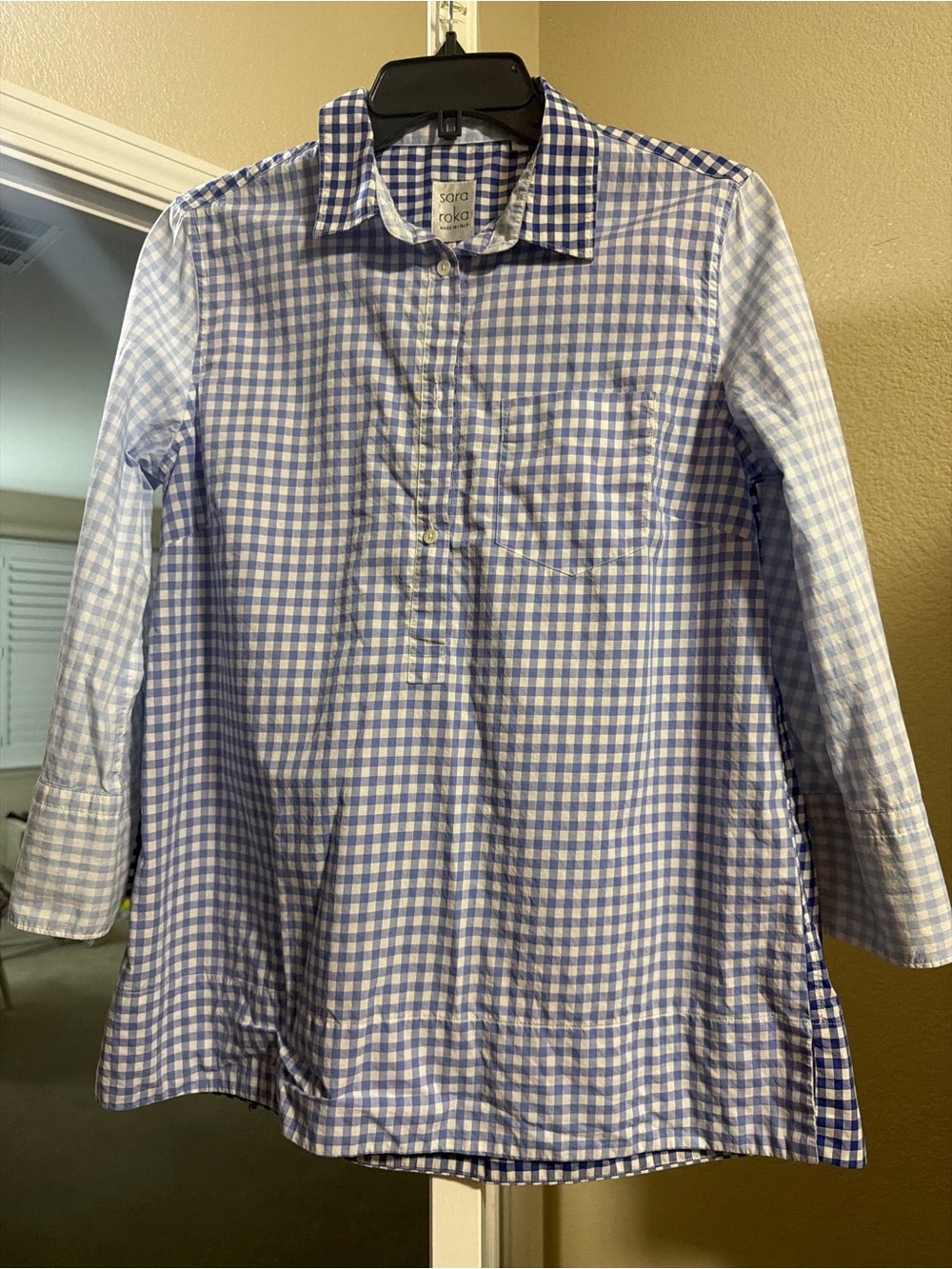 Sara Roka Italy Mixed Gingham Blue Button Down Tunic Top Size 42